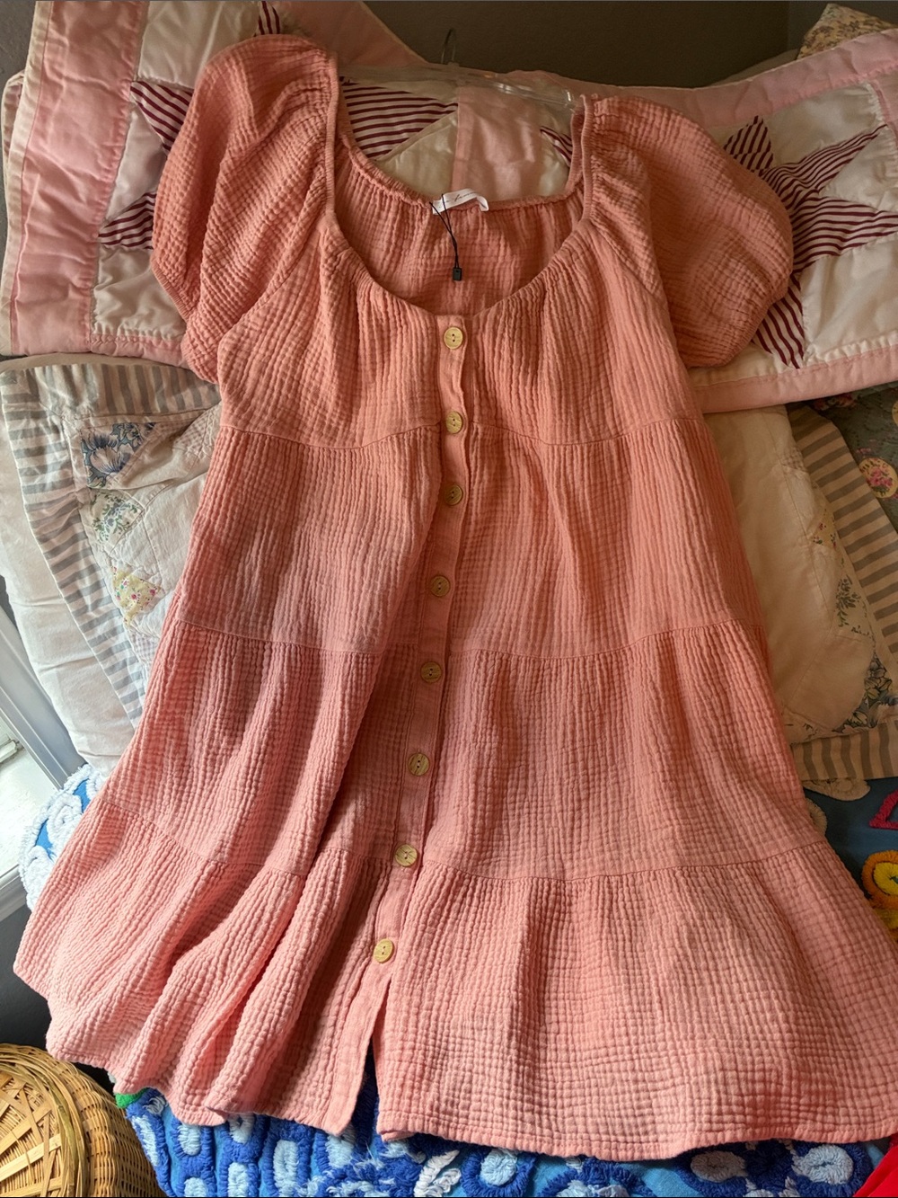 NWT Women’s Pink Button-Front Tiered Dress Large